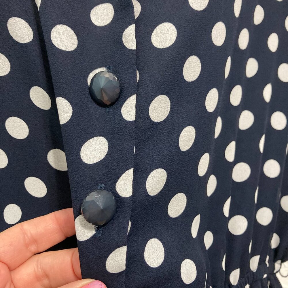 VINTAGE Brown Stone Studio Midi Dress Button Front Blue Polka Dot Cottage Sheer - Picture 9 of 13